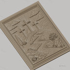 Fichier CNC & impression 3D scène chrétienne, croix sur colline avec rivière et arbres, haute qualité relief STL