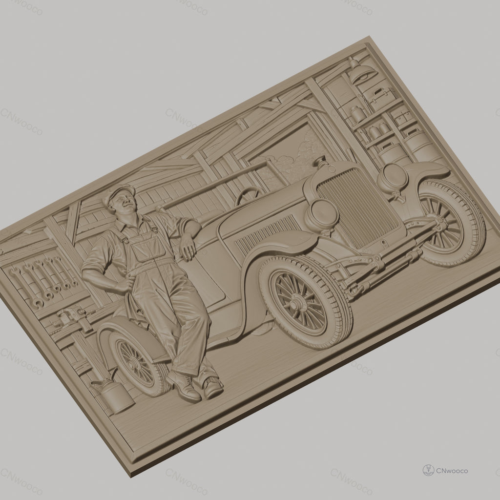Fichier CNC & impression 3D voiture ancienne et mécanicien dans garage, vitres détaillées, outils muraux, haute qualité relief STL