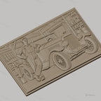 Fichier CNC & impression 3D voiture ancienne et mécanicien dans garage, vitres détaillées, outils muraux, haute qualité relief STL