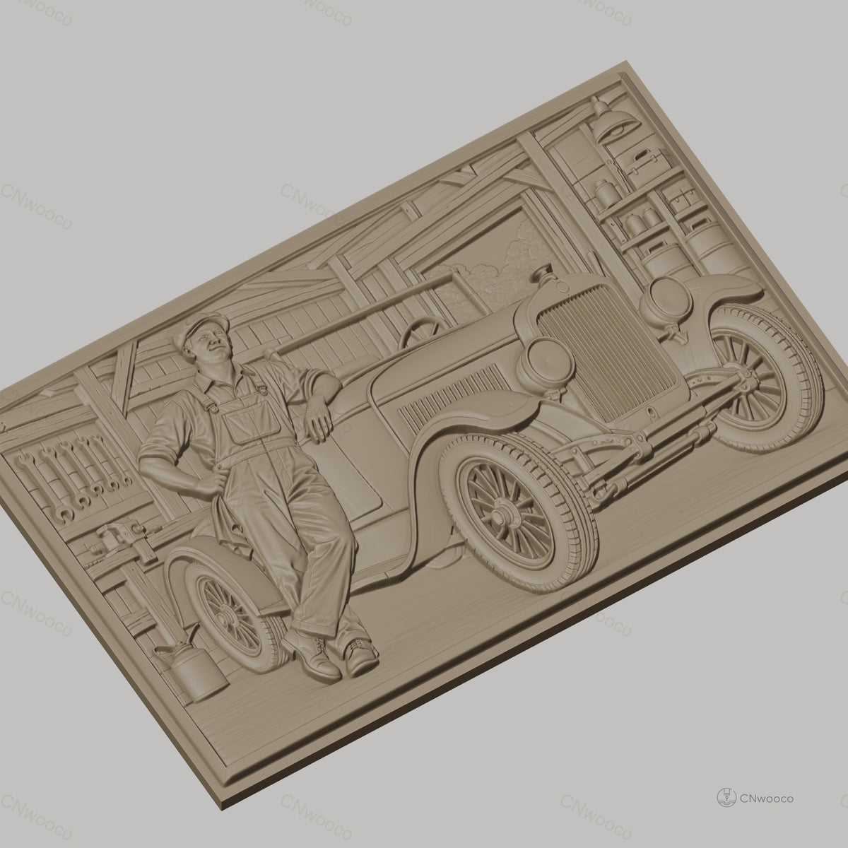 Fichier CNC & impression 3D voiture ancienne et mécanicien dans garage, vitres détaillées, outils muraux, haute qualité relief STL