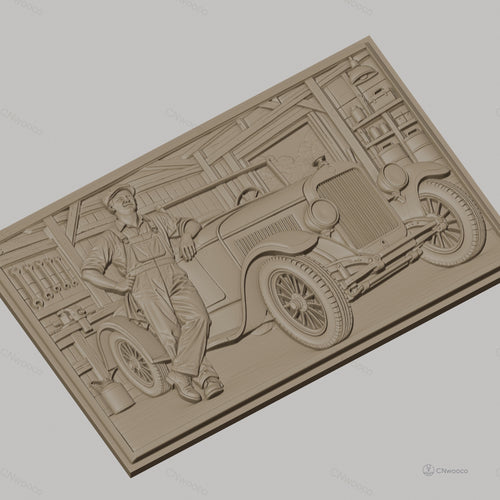 Fichier CNC & impression 3D voiture ancienne et mécanicien dans garage, vitres détaillées, outils muraux, haute qualité relief STL