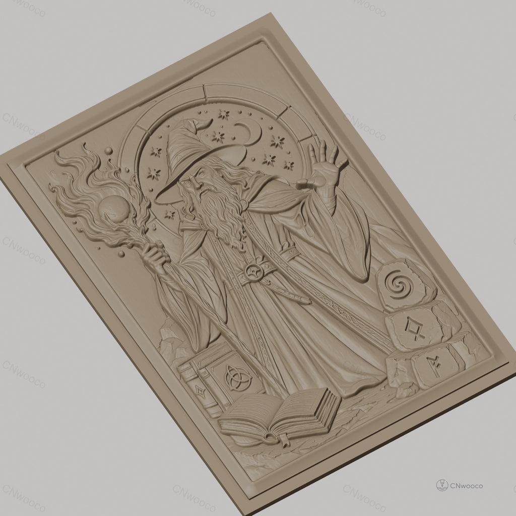 Fichier CNC & impression 3D magicien, bâton magique, livres anciens, symboles mystiques, haute qualité relief STL