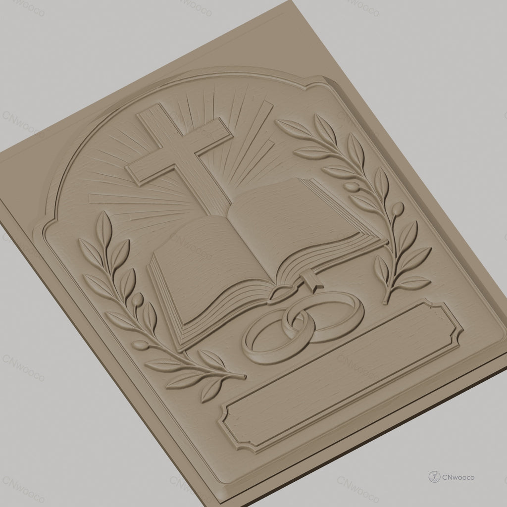 Fichier CNC & impression 3D thème mariage religieux, croix, livre ouvert, alliances, feuilles, haute qualité relief STL