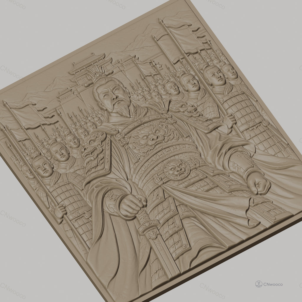 Fichier CNC & impression 3D Empereur chinois avec armée en armure et drapeaux, haute qualité relief STL