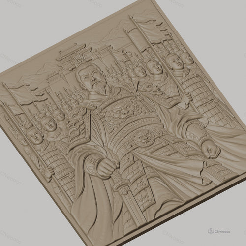 Fichier CNC & impression 3D Empereur chinois avec armée en armure et drapeaux, haute qualité relief STL