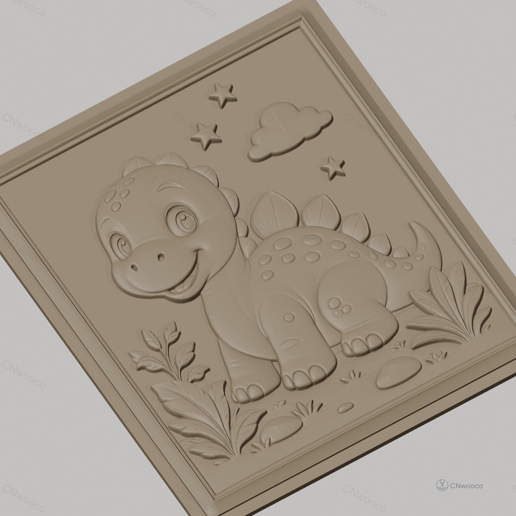 Fichier CNC & impression 3D dinosaure mignon, étoiles, nuage et plantes, haute qualité relief STL
