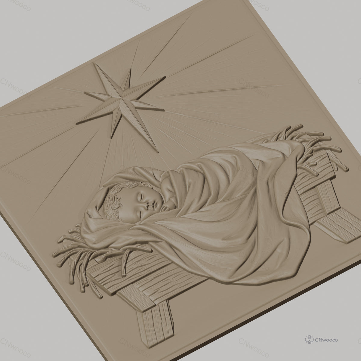 Fichier CNC & impression 3D naissance de Jésus, bébé dans la crèche avec étoile, haute qualité relief STL