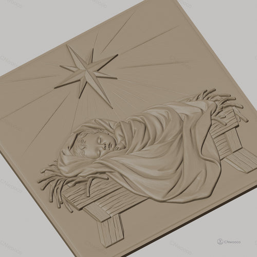Fichier CNC & impression 3D naissance de Jésus, bébé dans la crèche avec étoile, haute qualité relief STL
