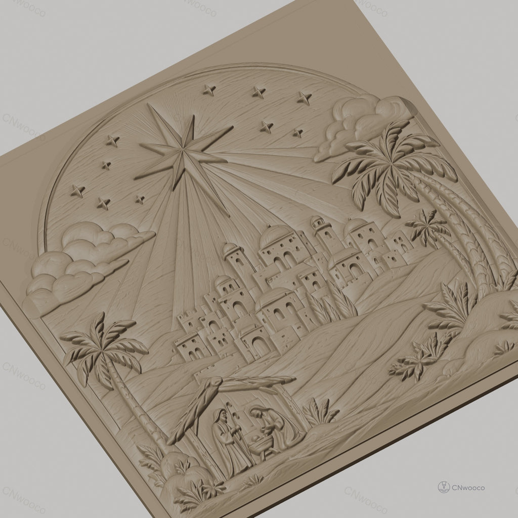 Fichier CNC & impression 3D scène de la nativité, étoile et village biblique, haute qualité relief STL