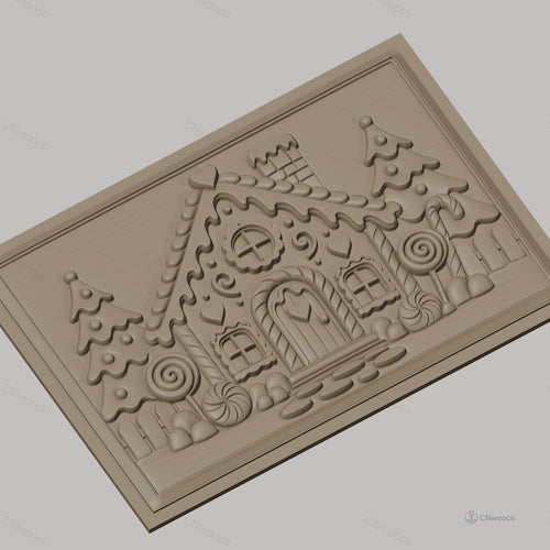 Fichier CNC & impression 3D Maison en pain d'épices, sapins, bonbons et cheminée, haute qualité relief STL