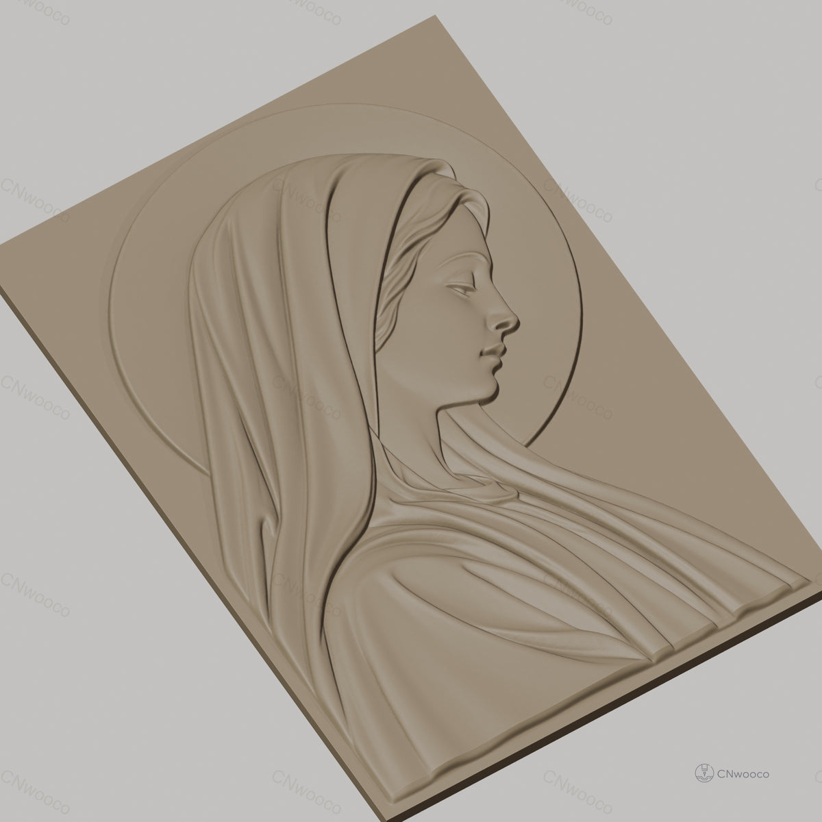 Fichier CNC & impression 3D Vierge Marie profil avec auréole, drapés réalistes haute qualité relief STL