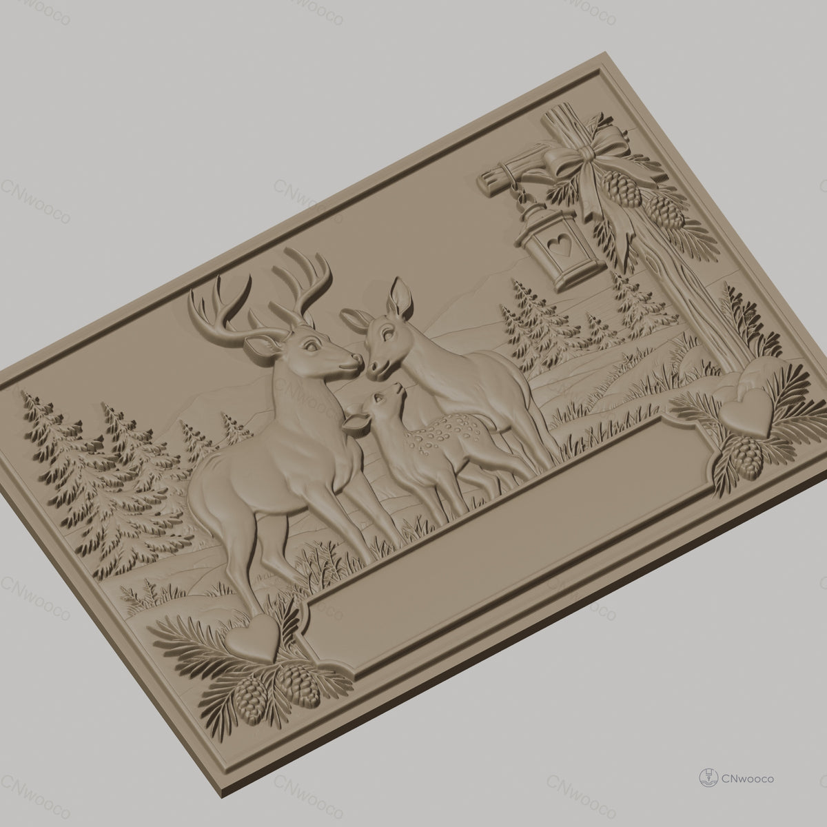 Fichier CNC & impression 3D famille de cerfs, forêt, coeur et lanterne, haute qualité relief STL