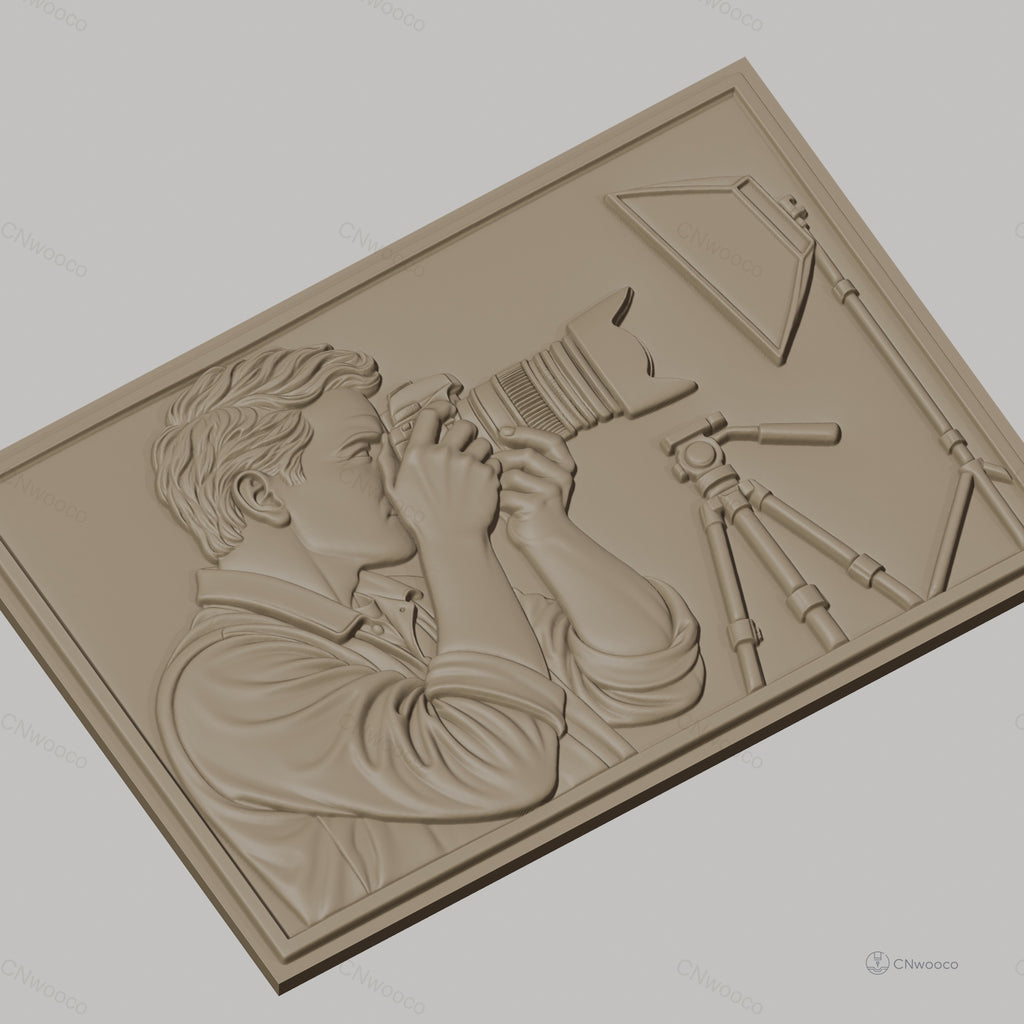 Fichier CNC & impression 3D photographe avec appareil photo reflex, trépied et éclairage, haute qualité relief STL