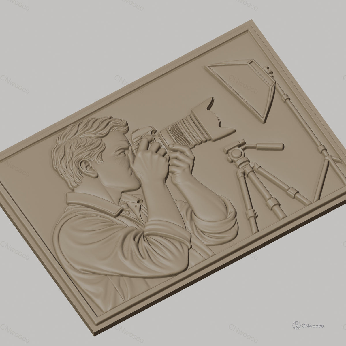 Fichier CNC & impression 3D photographe avec appareil photo reflex, trépied et éclairage, haute qualité relief STL