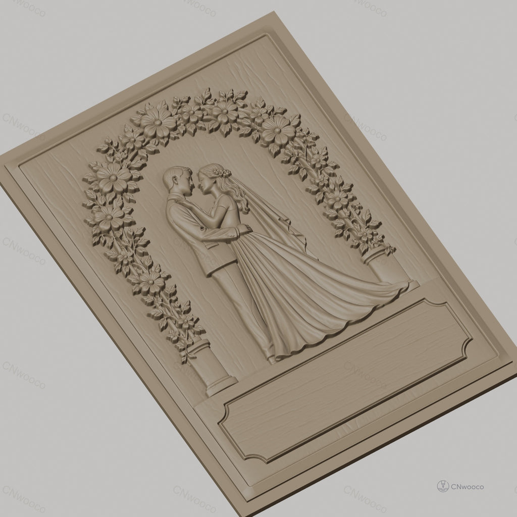 Fichier CNC & impression 3D thème mariage, couple marié sous arche fleurie, haute qualité relief STL