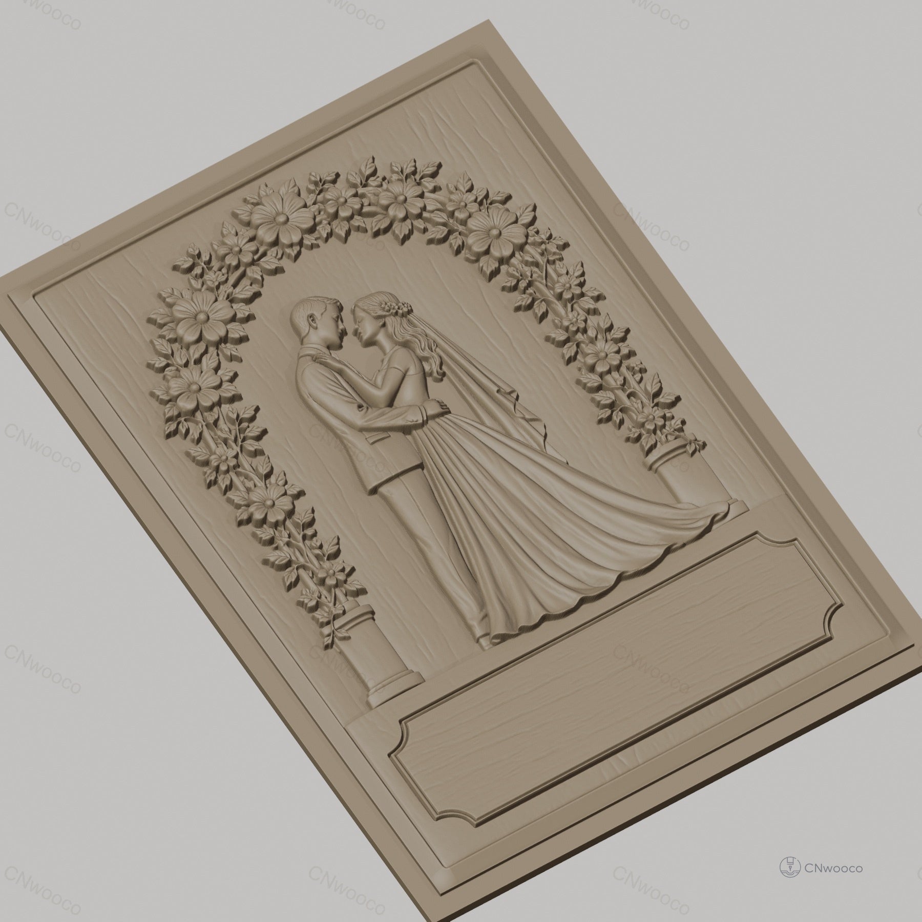 Fichier CNC & impression 3D thème mariage, couple marié sous arche fleurie, haute qualité relief STL