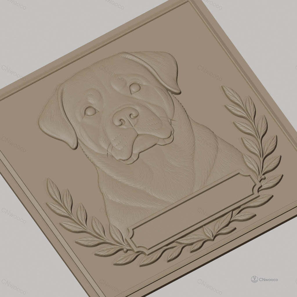 Fichier CNC & impression 3D chien Rottweiler portrait avec cadres et feuilles, haute qualité relief STL