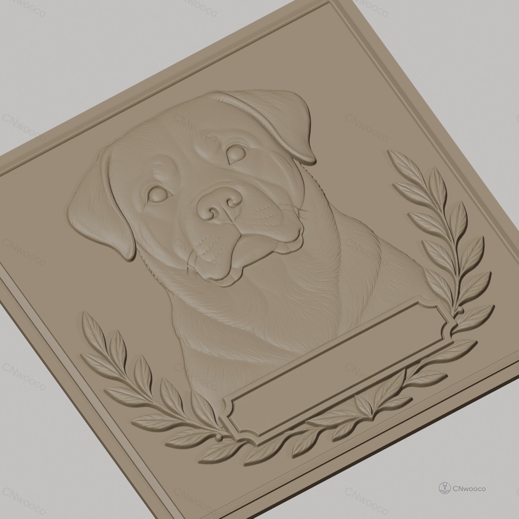 Fichier CNC & impression 3D chien Rottweiler portrait avec cadres et feuilles, haute qualité relief STL