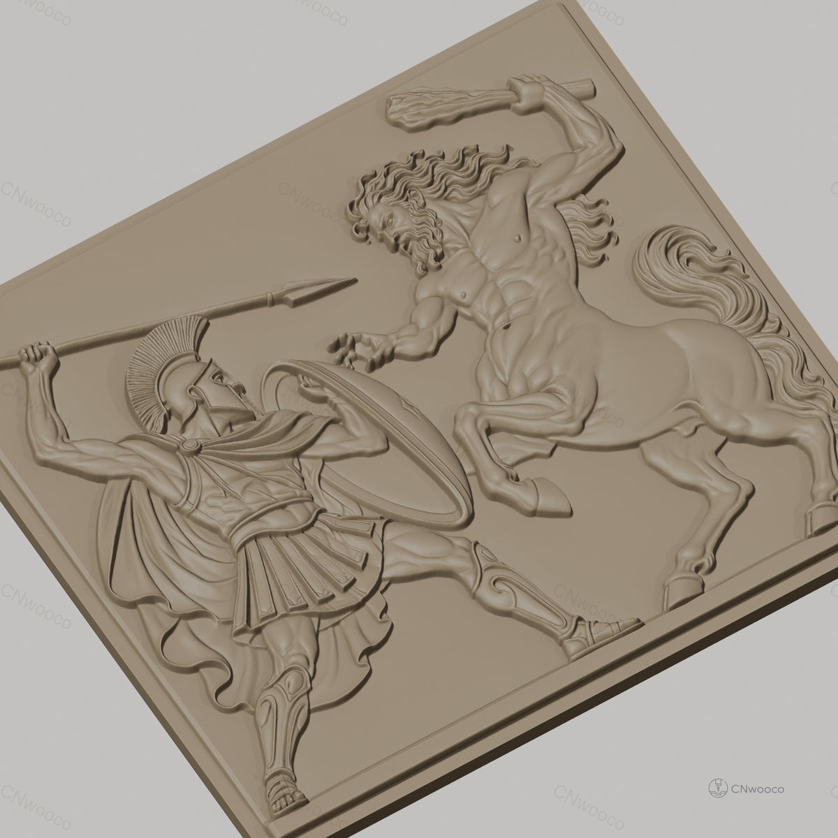 Fichier CNC & impression 3D guerrier spartiate et centaure, scène mythologique grecque, haute qualité relief STL