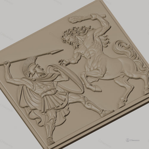 Fichier CNC & impression 3D guerrier spartiate et centaure, scène mythologique grecque, haute qualité relief STL