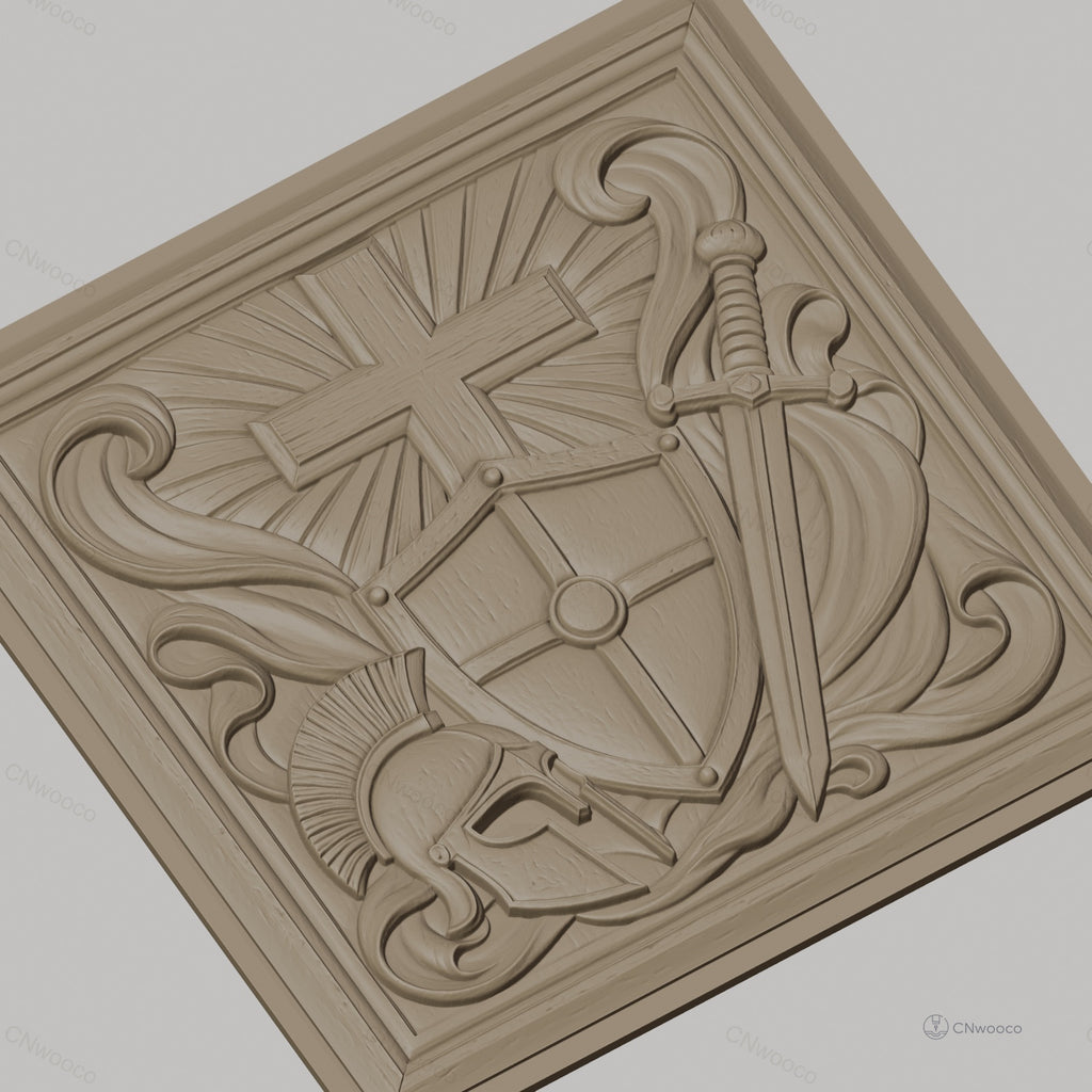 Fichier CNC & impression 3D bouclier croix et épée, casque médiéval, haute qualité relief STL