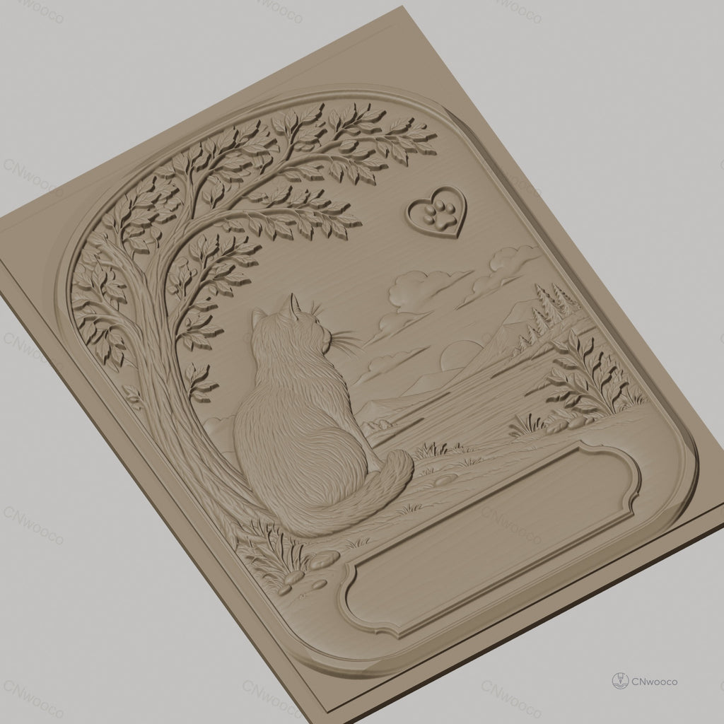Fichier CNC & impression 3D chat contemplatif, paysage naturel, arbre et silhouette montagne, haute qualité relief STL