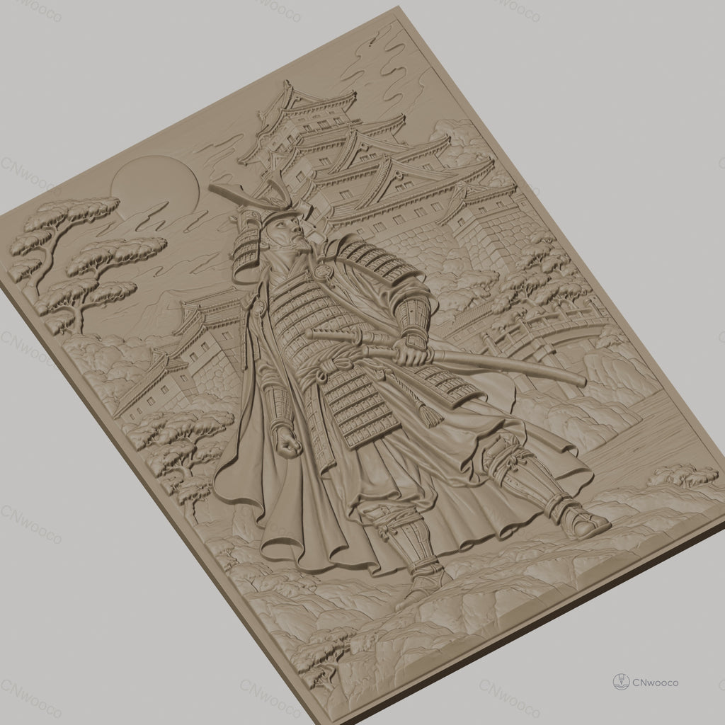 Fichier CNC & impression 3D samouraï japonais, château traditionnel, paysage montagneux, haute qualité relief STL