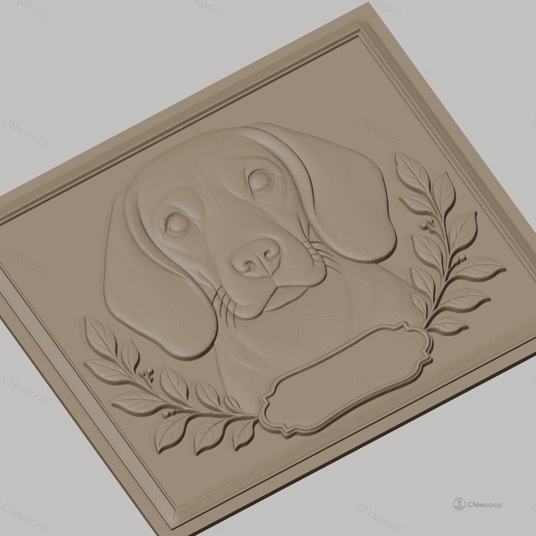 Fichier CNC & impression 3D portrait chien beagle, cadre avec feuilles ornement, haute qualité relief STL