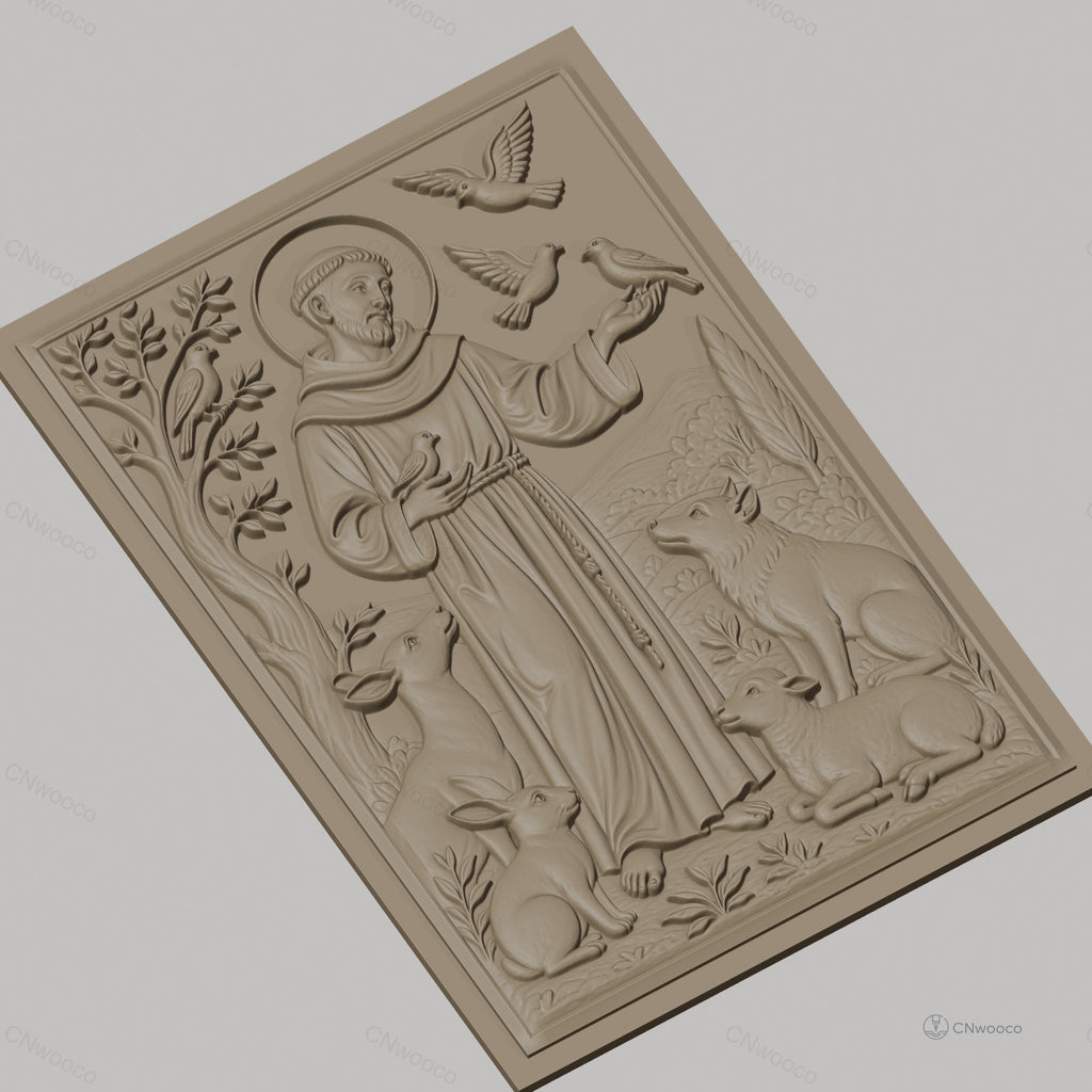 Fichier CNC & impression 3D Saint François d'Assise, animaux et oiseaux dans relief détaillé, haute qualité relief STL