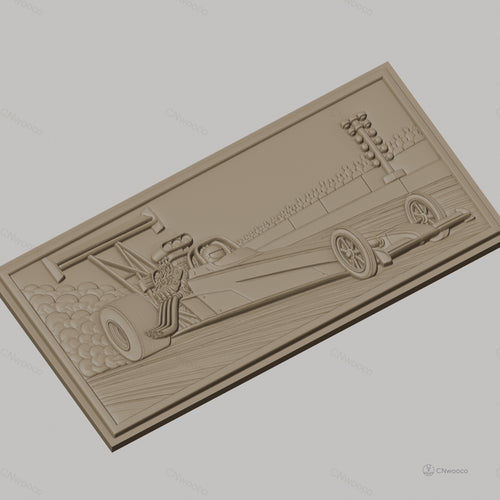 Fichier CNC & impression 3D voiture dragster, course, fumée et public, haute qualité relief STL