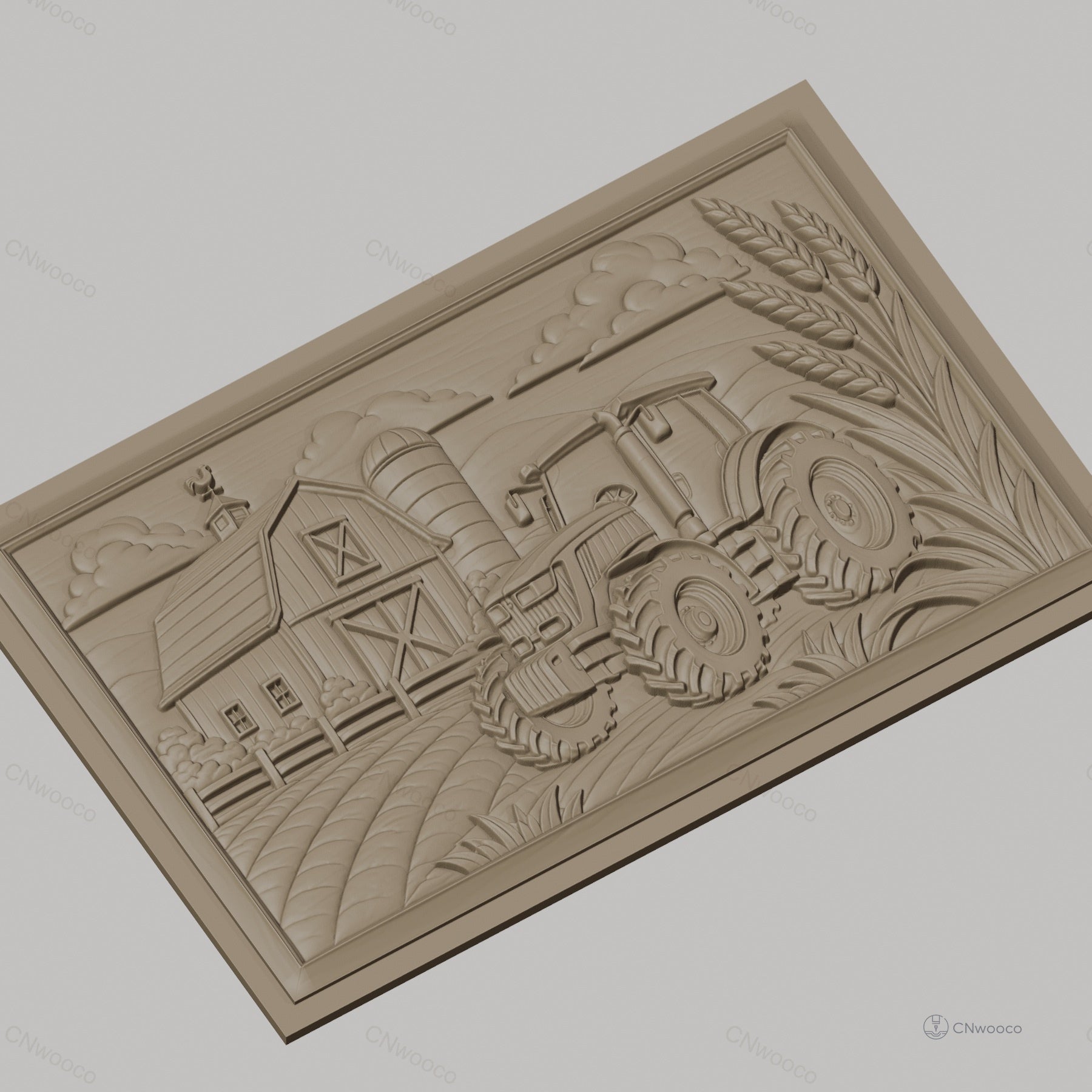 Fichier CNC & impression 3D paysage agricole, tracteur, grange, silo, épis de blé, haute qualité relief STL