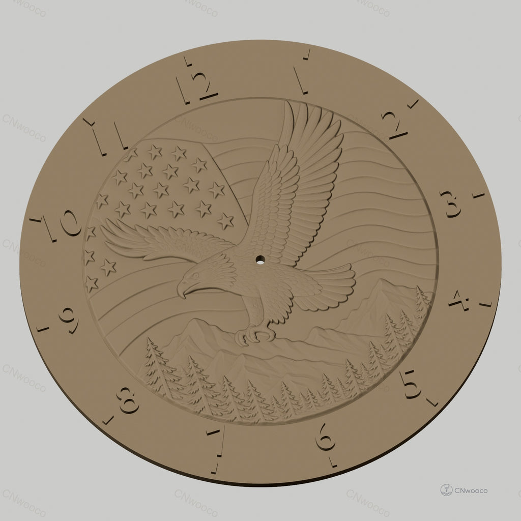 Fichier CNC & impression 3D horloge murale aigle américain relief montagne forêt STL