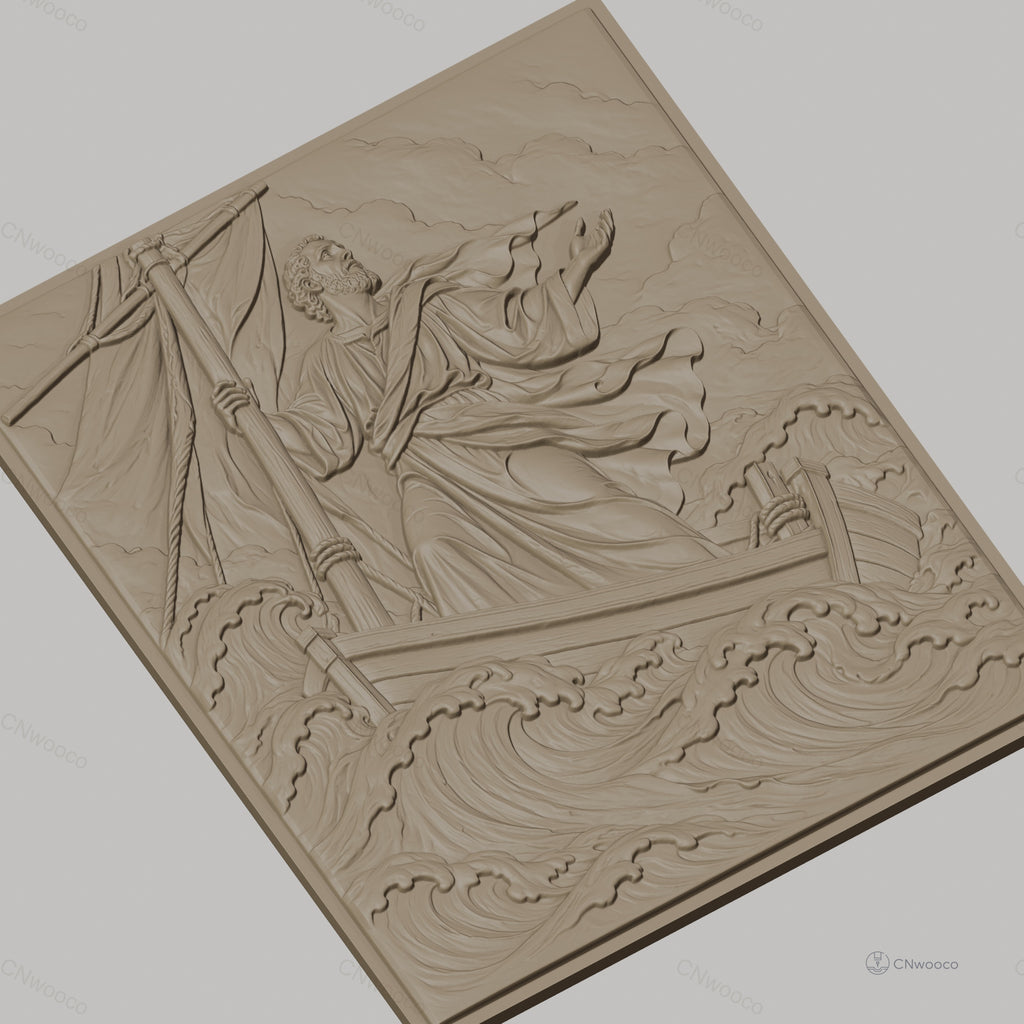 Fichier CNC & impression 3D Jésus marchant sur l'eau, bateau et vagues détaillés, haute qualité relief STL