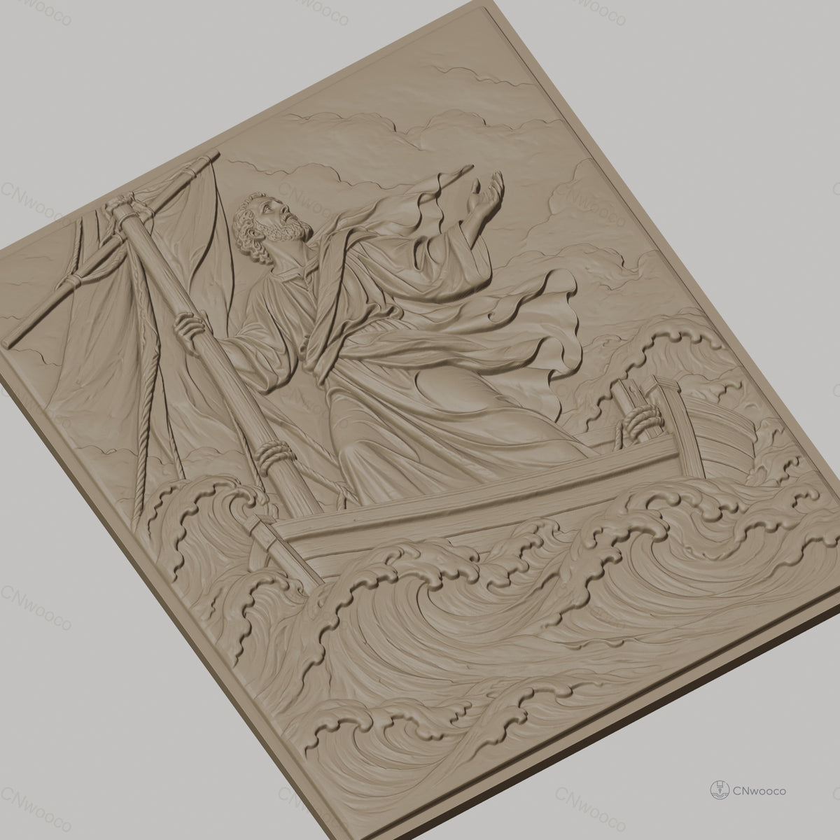 Fichier CNC & impression 3D Jésus marchant sur l'eau, bateau et vagues détaillés, haute qualité relief STL