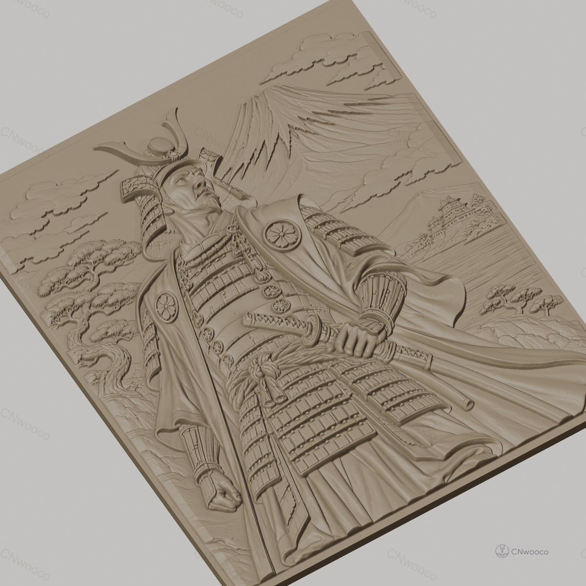 Fichier CNC & impression 3D samouraï japonais, relief avec guerrier, montagne et château, haute qualité relief STL