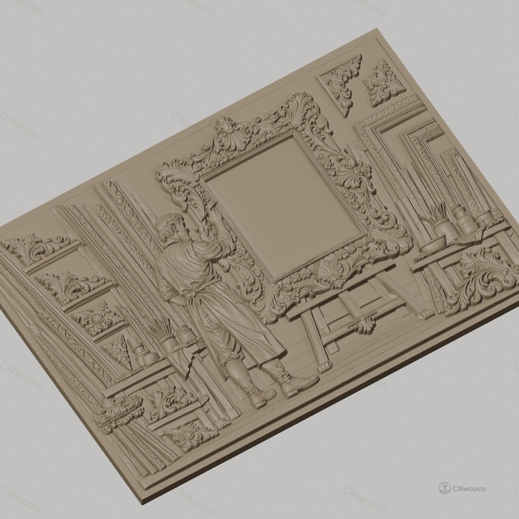 Fichier CNC & impression 3D atelier de cadreur, homme artiste sculptant cadre ornementé, haute qualité relief STL
