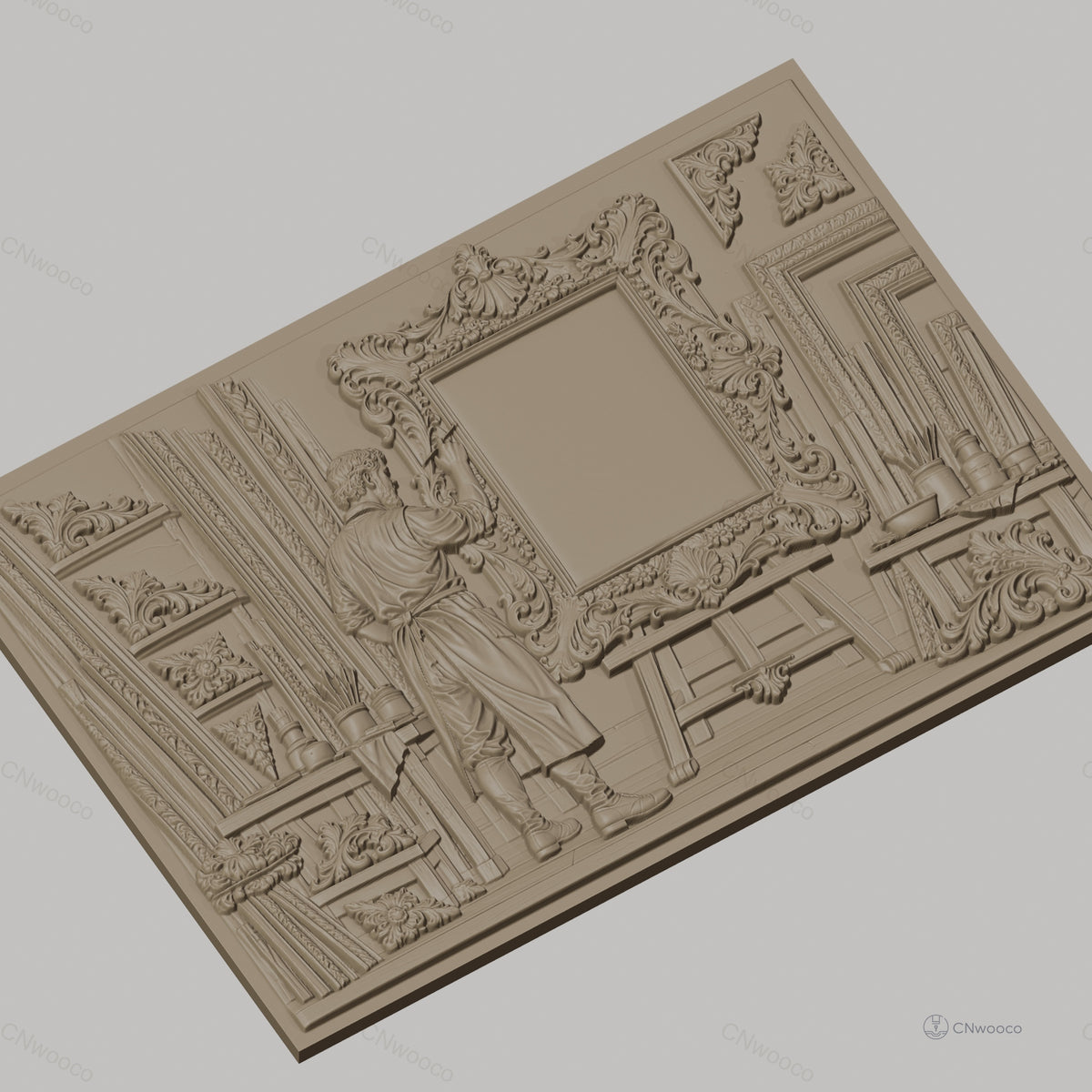 Fichier CNC & impression 3D atelier de cadreur, homme artiste sculptant cadre ornementé, haute qualité relief STL