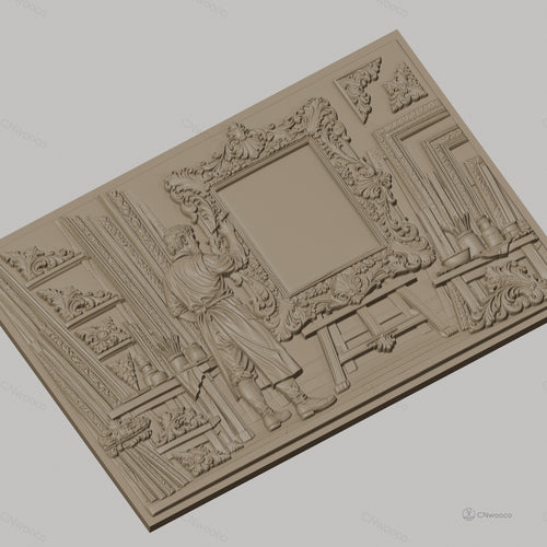 Fichier CNC & impression 3D atelier de cadreur, homme artiste sculptant cadre ornementé, haute qualité relief STL