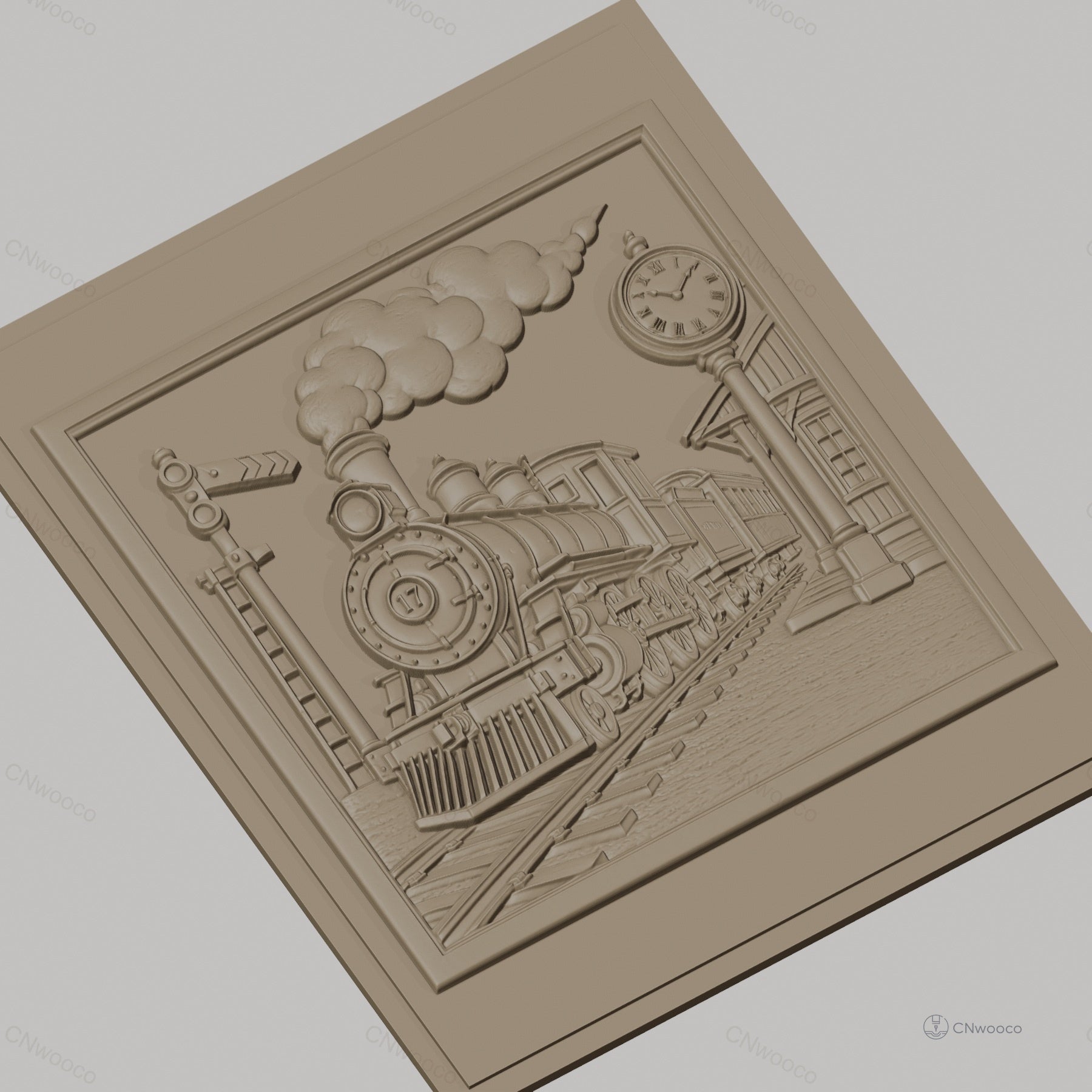 Fichier CNC & impression 3D train à vapeur vintage, gare avec horloge et signal, haute qualité relief STL
