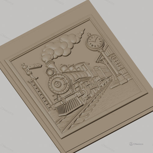 Fichier CNC & impression 3D train à vapeur vintage, gare avec horloge et signal, haute qualité relief STL