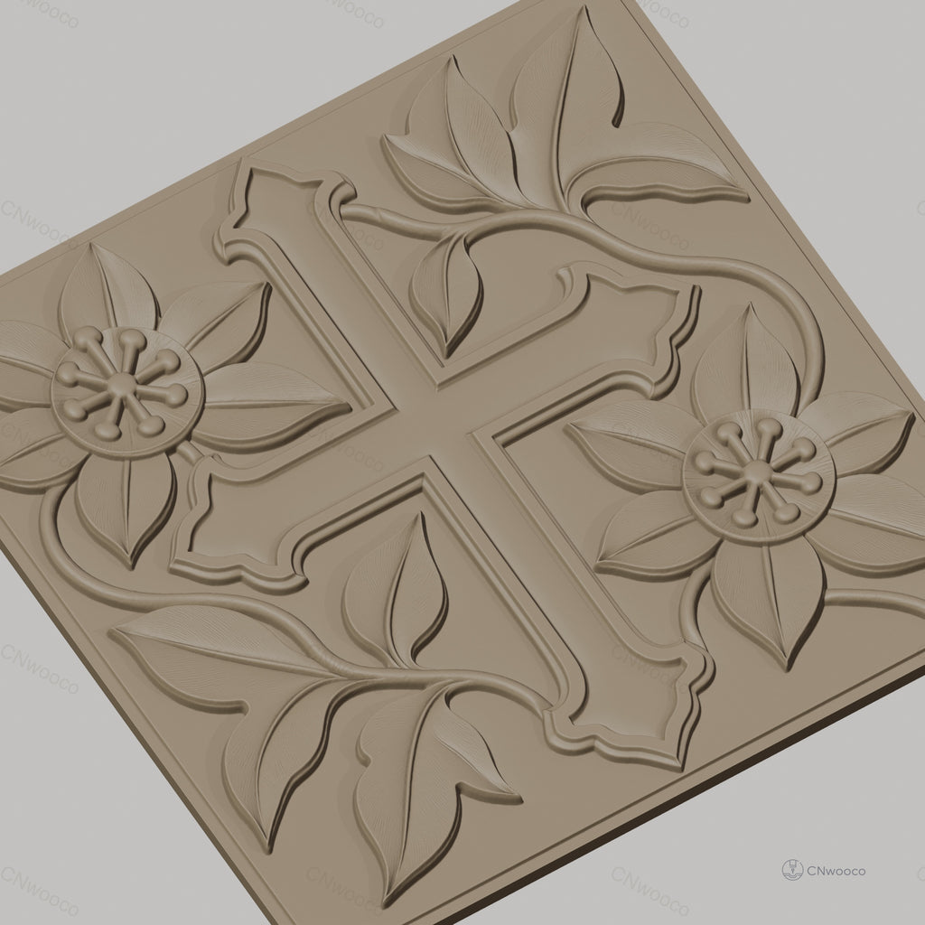 Fichier CNC & impression 3D croix fleurie avec feuilles et relief détaillé, haute qualité relief STL