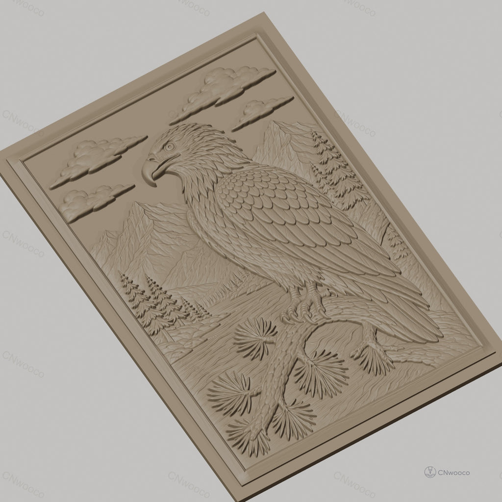 Fichier CNC & impression 3D aigle sur branche, montagnes, forêt, rivière, haute qualité relief STL