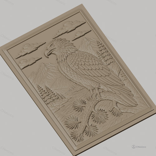 Fichier CNC & impression 3D aigle sur branche, montagnes, forêt, rivière, haute qualité relief STL