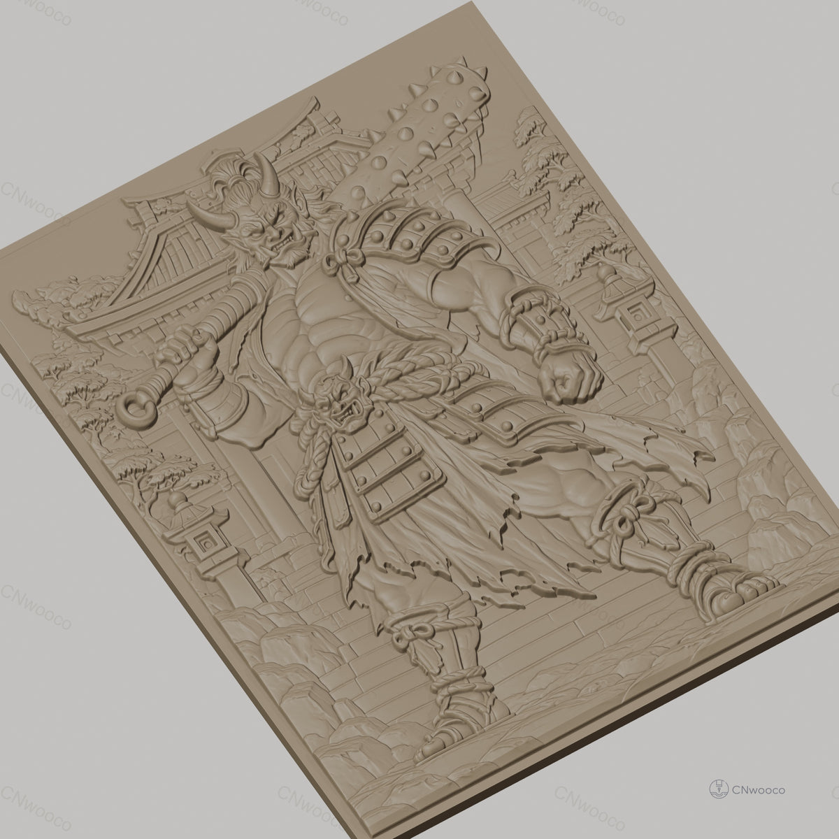 Fichier CNC & impression 3D Oni japonais guerrier, relief détaillé avec bâtiment traditionnel, haute qualité relief STL