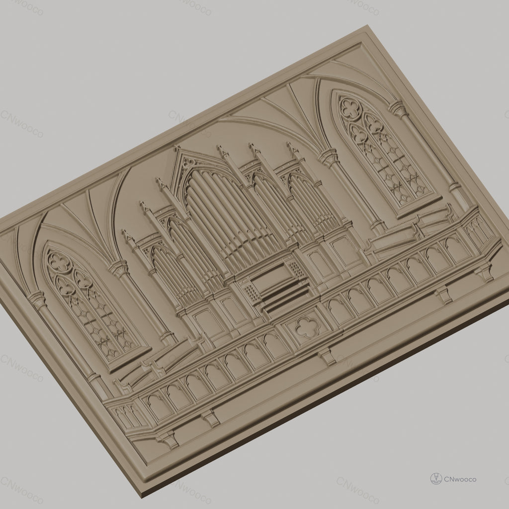 Fichier CNC & impression 3D orgue d'église gothique, vitraux et banquettes sculptés, haute qualité relief STL