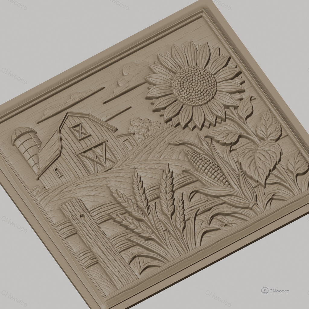 Fichier CNC & impression 3D ferme rustique, grange tournesol maïs et blé, haute qualité relief STL
