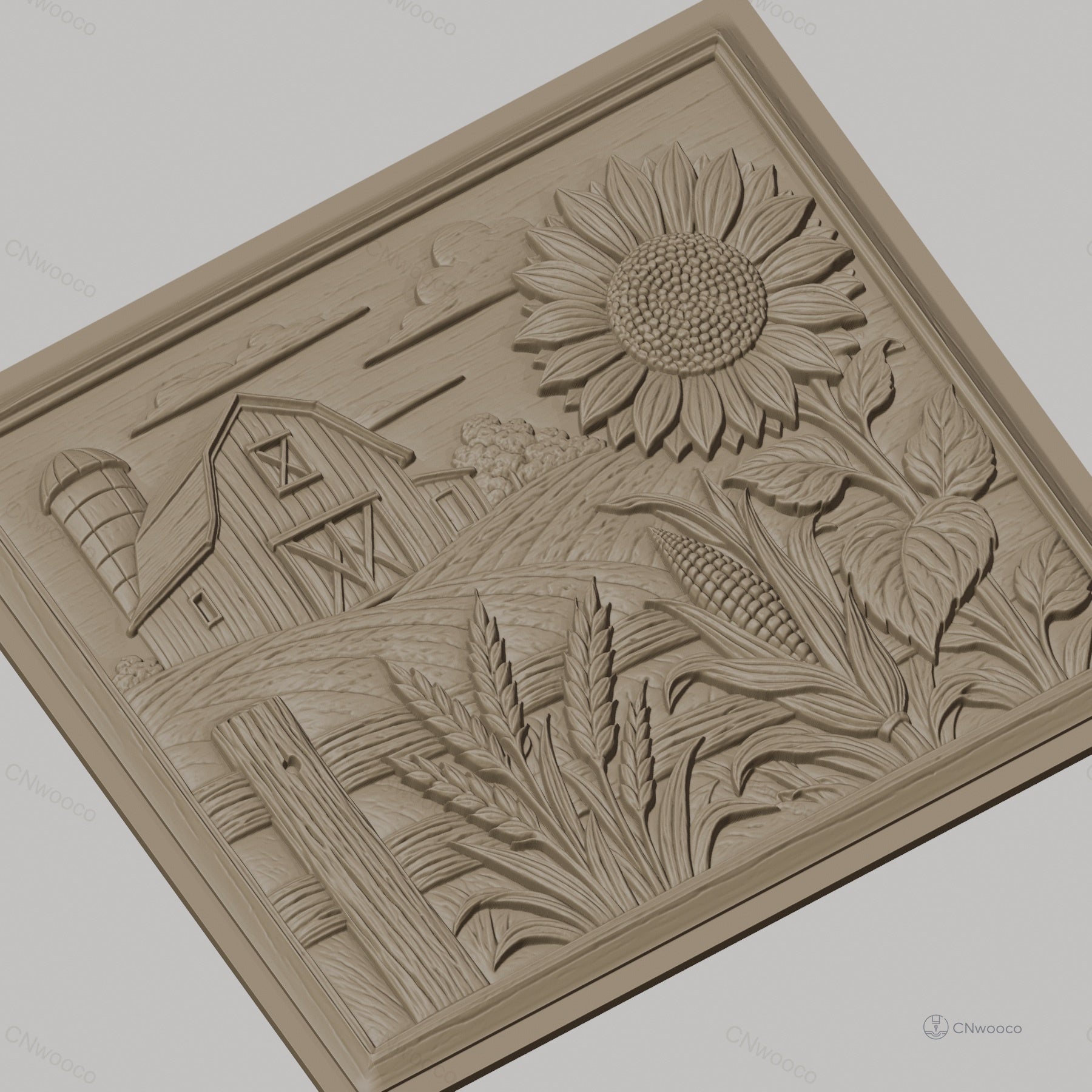 Fichier CNC & impression 3D ferme rustique, grange tournesol maïs et blé, haute qualité relief STL
