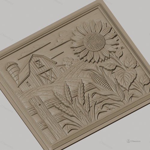 Fichier CNC & impression 3D ferme rustique, grange tournesol maïs et blé, haute qualité relief STL