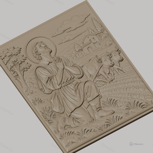 Fichier CNC & impression 3D scène religieuse, homme en prière devant bœufs au champ, haute qualité relief STL