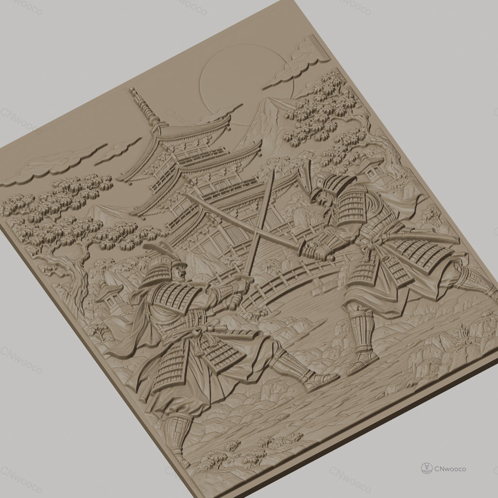 Fichier CNC & impression 3D samouraïs en duel, pagode, paysage japonais, haute qualité relief STL